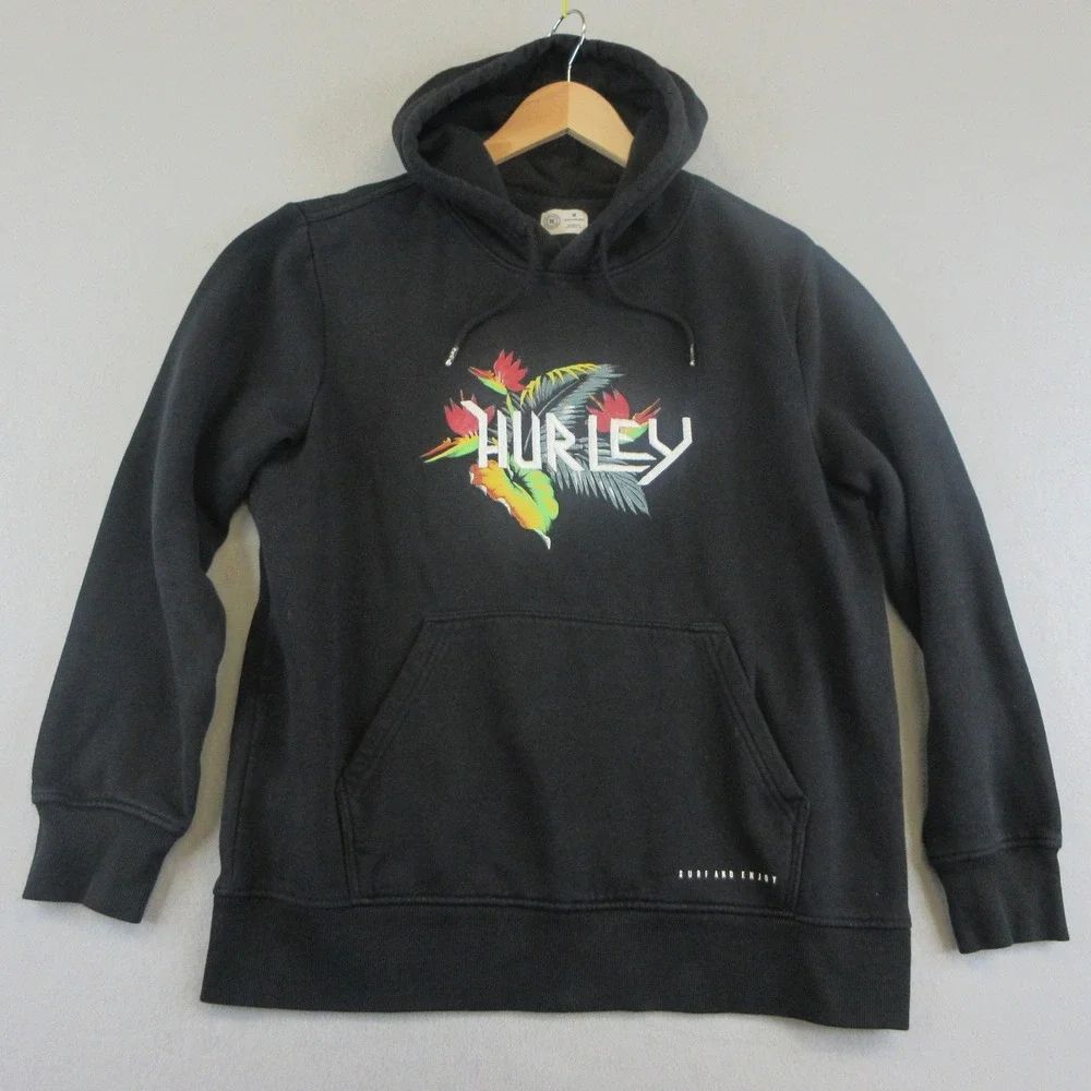 Hurley Hoodie Mens‎ M Black Tropical Floral Graphic Pullover Surf Skate